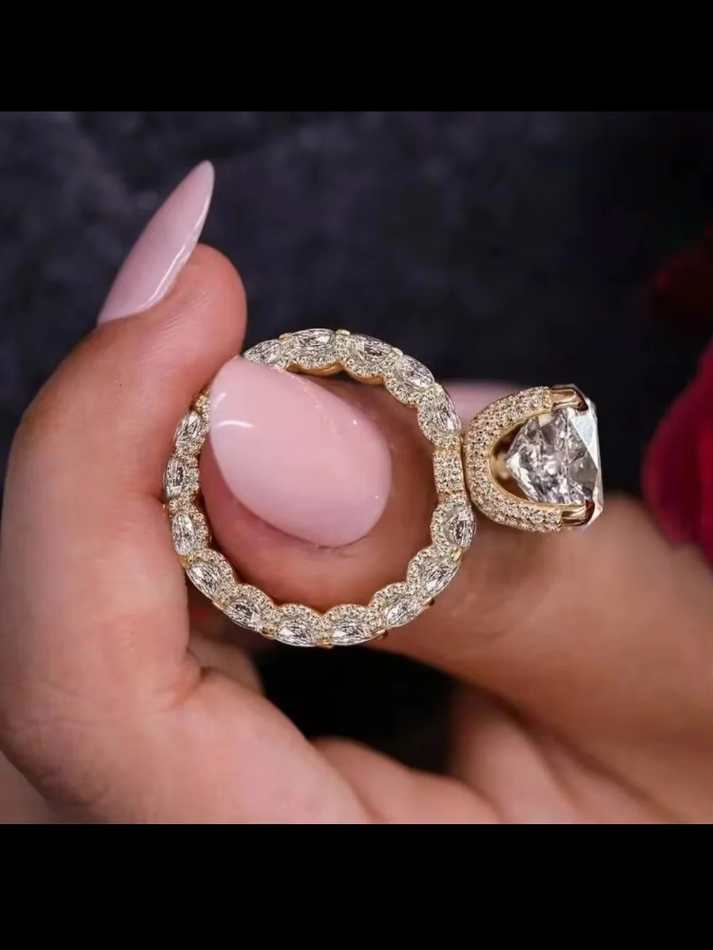 18K Gold Plated Pear Cut Cubic Zirconia Engagement Cocktail Ring